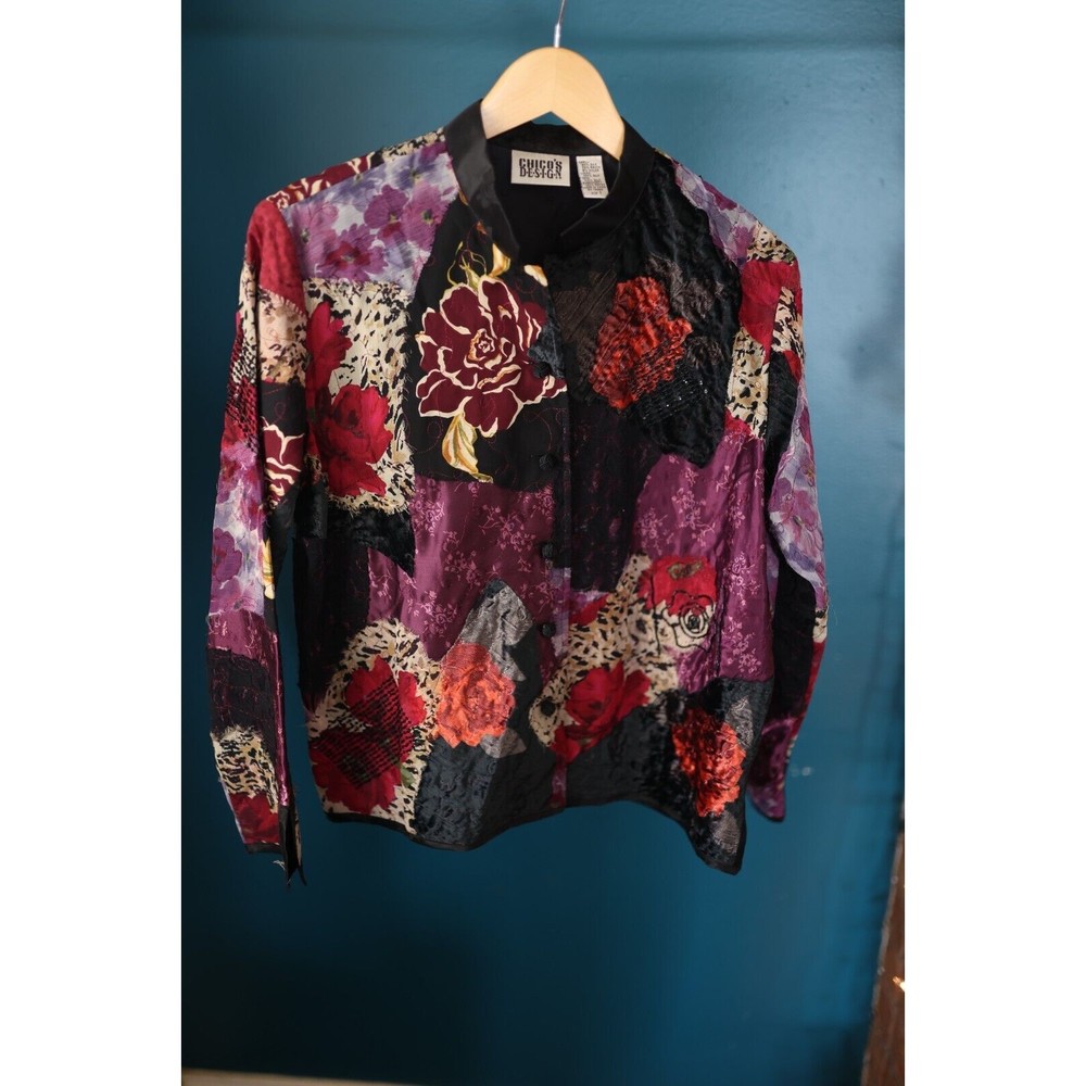 Vintage 80s Silk Patchwork Jacket Chico’s Design Button up Velvet Beaded Size 1